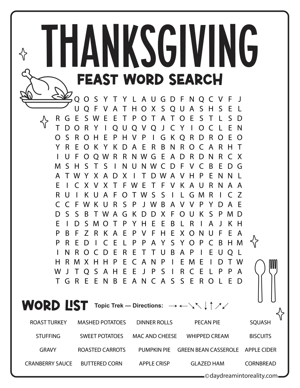 Thanksgiving Feast word search with 20 food-themed words, a roast turkey illustration, and a fork and knife.