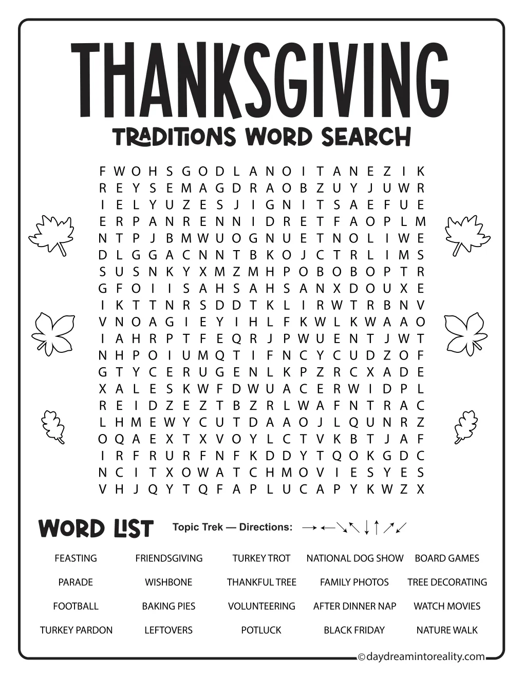 Thanksgiving Traditions word search with 20 words about holiday customs and gatherings, decorated with autumn leaves.
