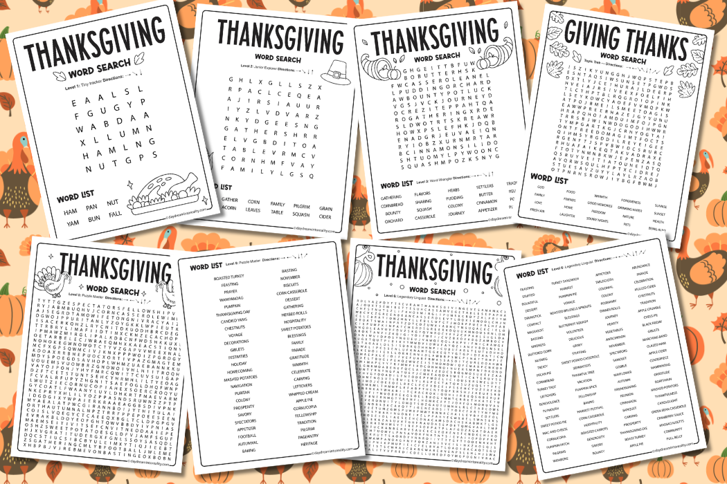 Thanksgiving word search printables for kids and adults, featuring puzzles from very easy to very hard with answer keys.