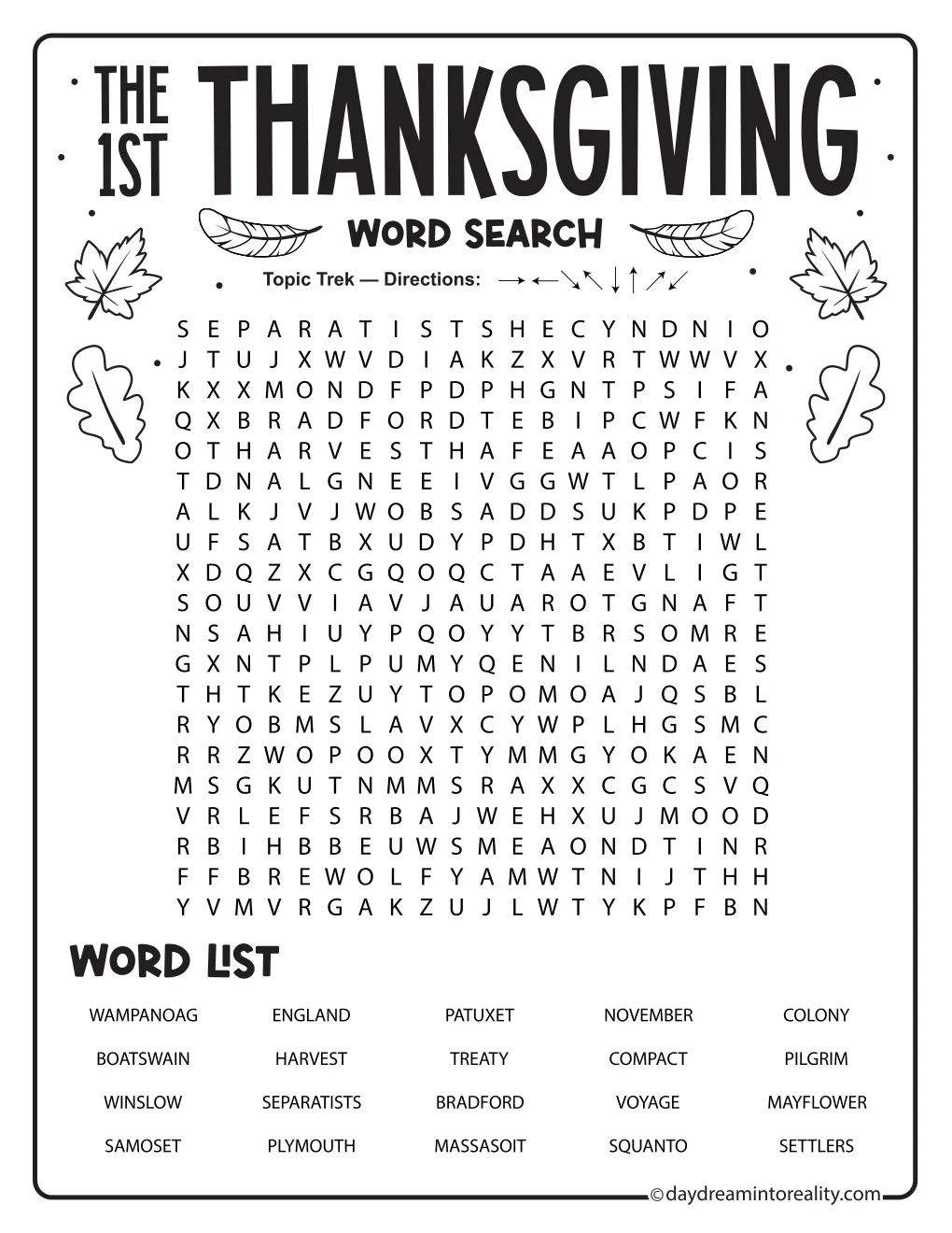 The First Thanksgiving word search with 20 historical terms and autumn leaf illustrations.