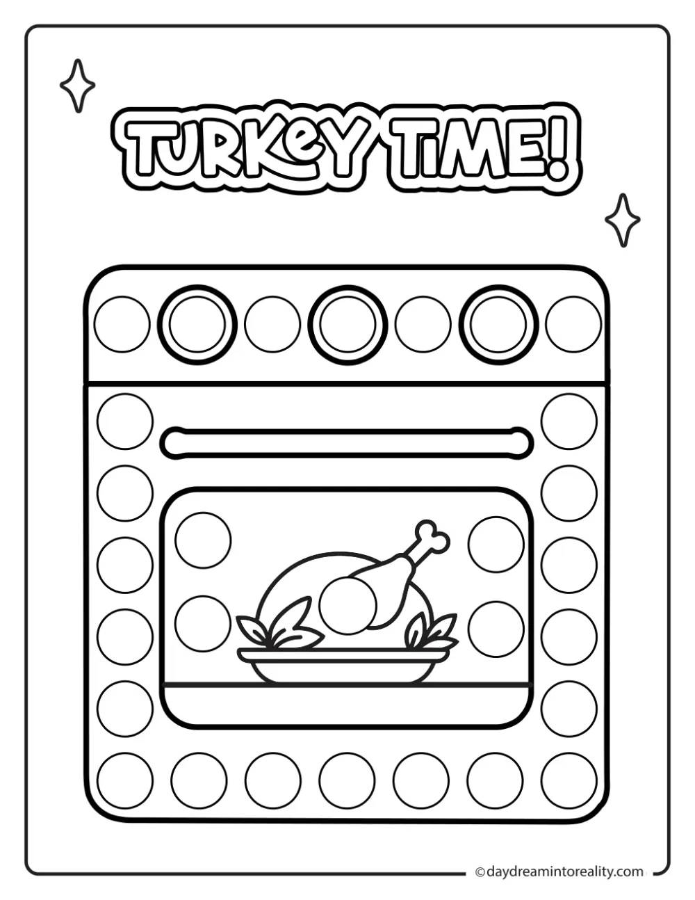 Black-and-white dot marker page featuring an oven with a roast turkey visible inside beneath Turkey Time lettering, with blank circles to dot.