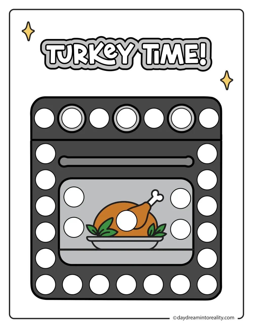 Color dot marker page featuring an oven with a roast turkey visible inside beneath Turkey Time lettering, with blank circles to dot.