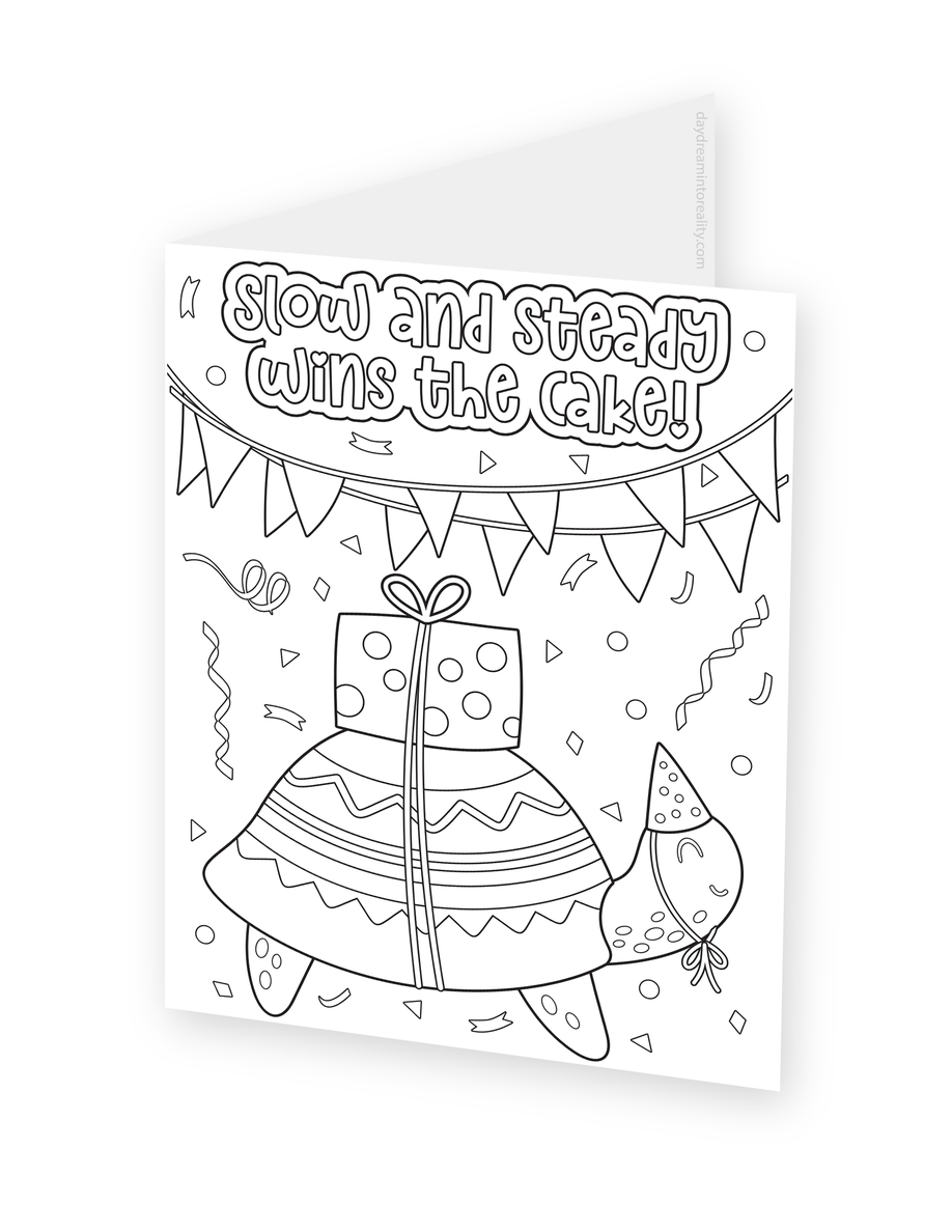 Foldable coloring card featuring a turtle carrying wrapped presents beneath Slow and Steady Wins the Cake lettering.