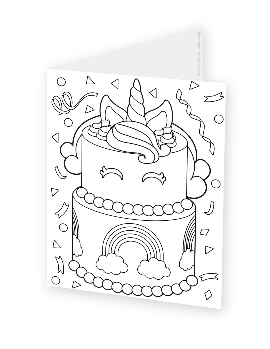 Foldable coloring card featuring a decorated unicorn cake with a horn, flowers, rainbow, and clouds.