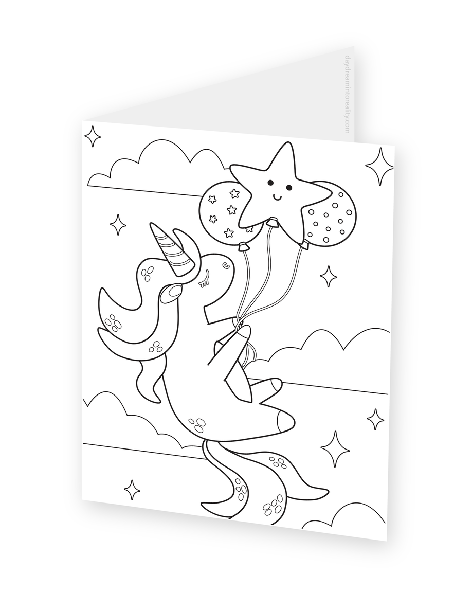 Foldable coloring card featuring a unicorn floating among clouds while holding patterned balloons.