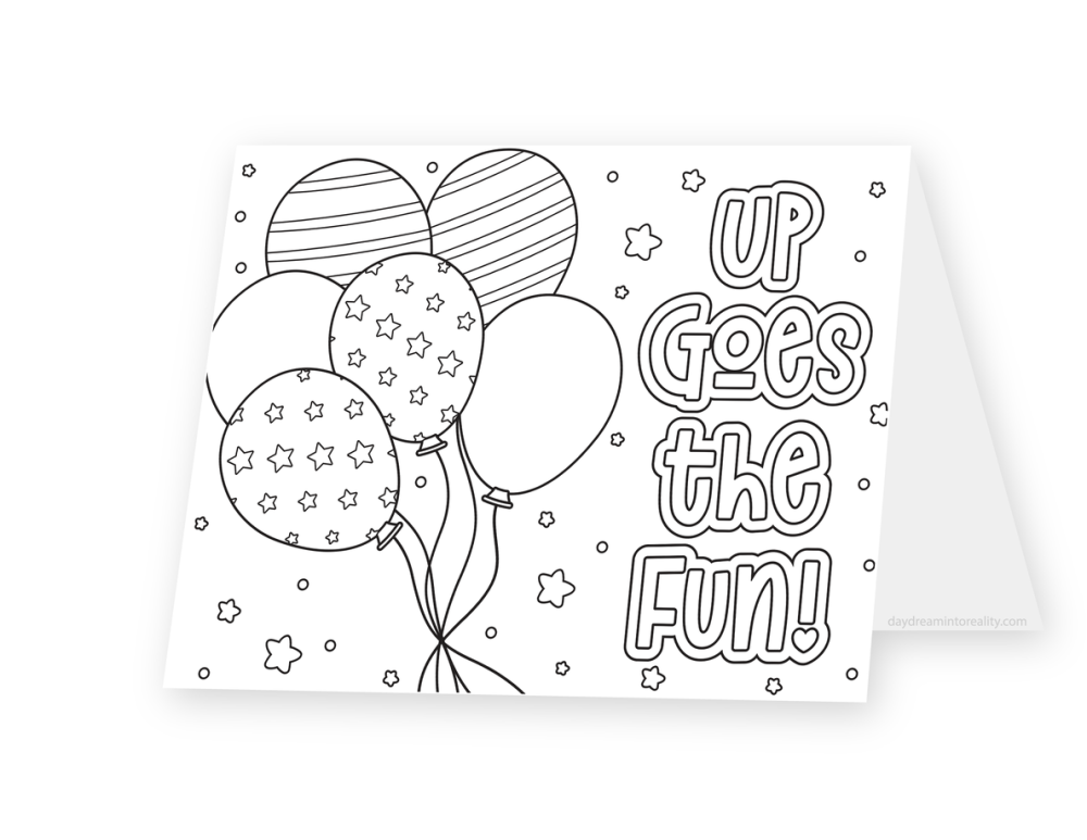 Foldable coloring card featuring a cluster of patterned balloons beside the words Up Goes the Fun.