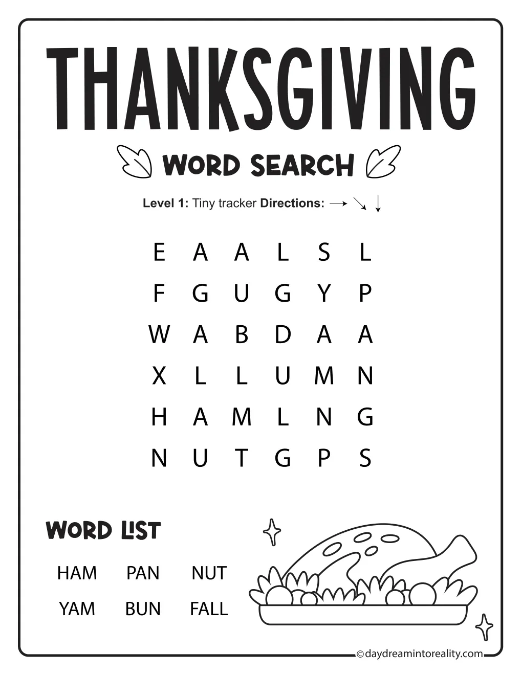 Very easy Thanksgiving word search with six short words in a 6-by-6 grid and a roast turkey illustration.