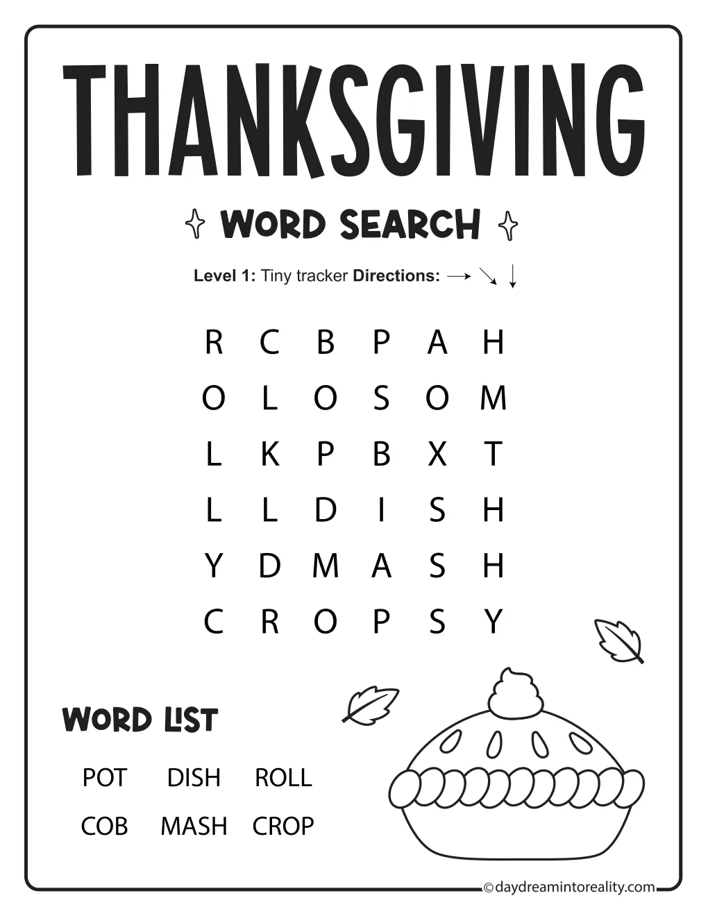 Very easy Thanksgiving word search with six short words in a 6-by-6 grid and a pumpkin pie illustration.