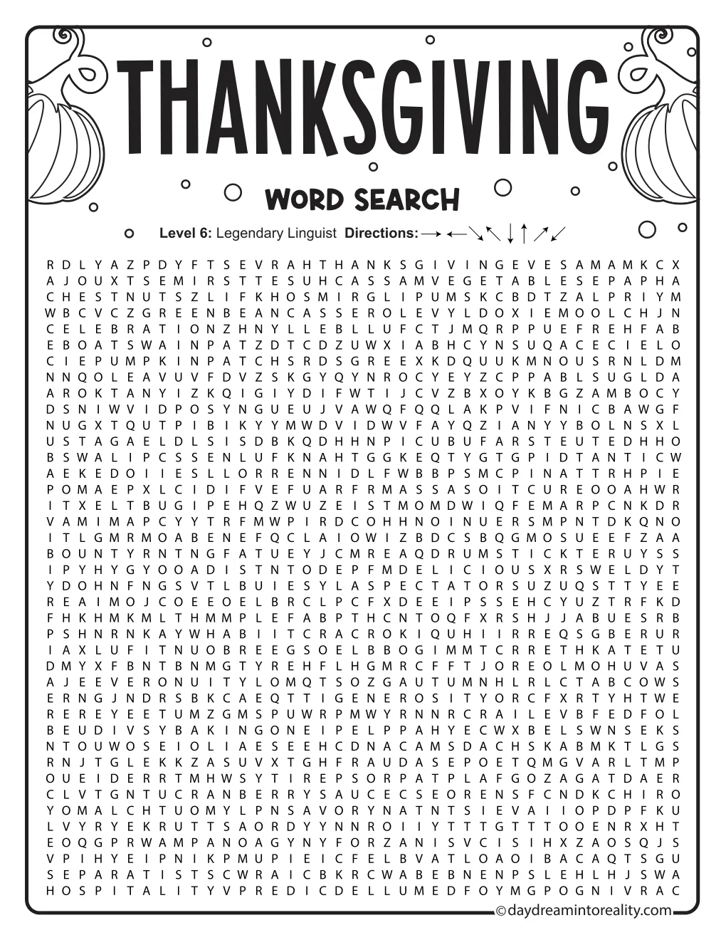 Very hard Thanksgiving word search with a 40-by-40 grid and pumpkin illustrations; 100 words appear on a separate word-list page.