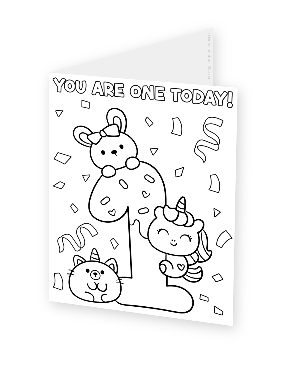 Foldable coloring card featuring a giraffe, elephant, and lion cub beneath You Are One Today lettering.