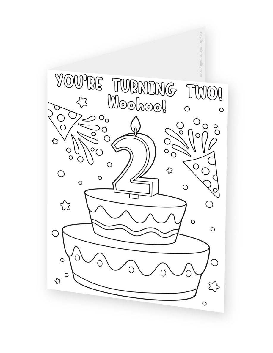 Foldable coloring card featuring a two-tier cake topped with a number 2 candle under You're Turning Two lettering.