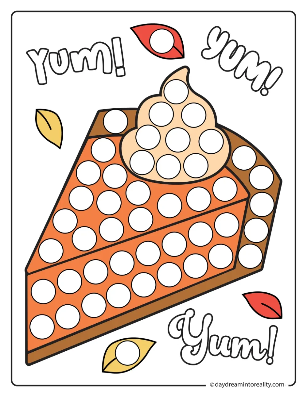 Color dot marker page featuring a slice of pumpkin pie topped with whipped cream and surrounded by Yum lettering, with blank circles to dot.